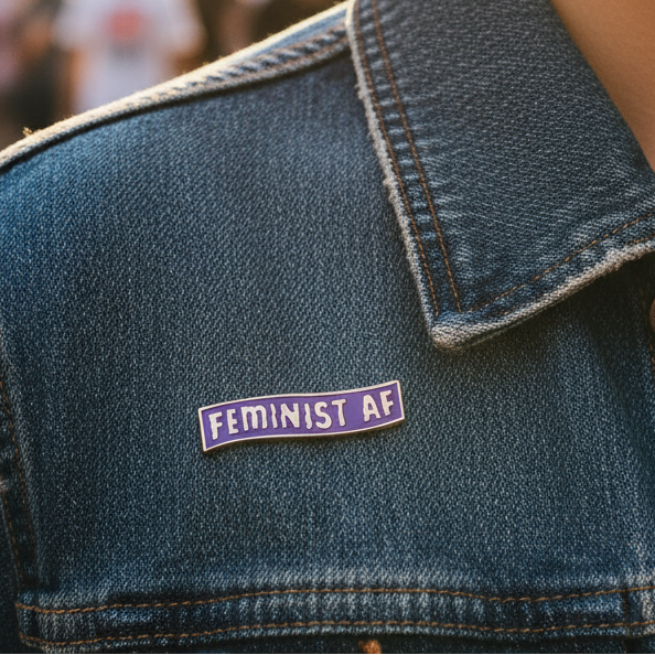 Close-up of a purple “FEMINIST AF” enamel pin on a denim jacket