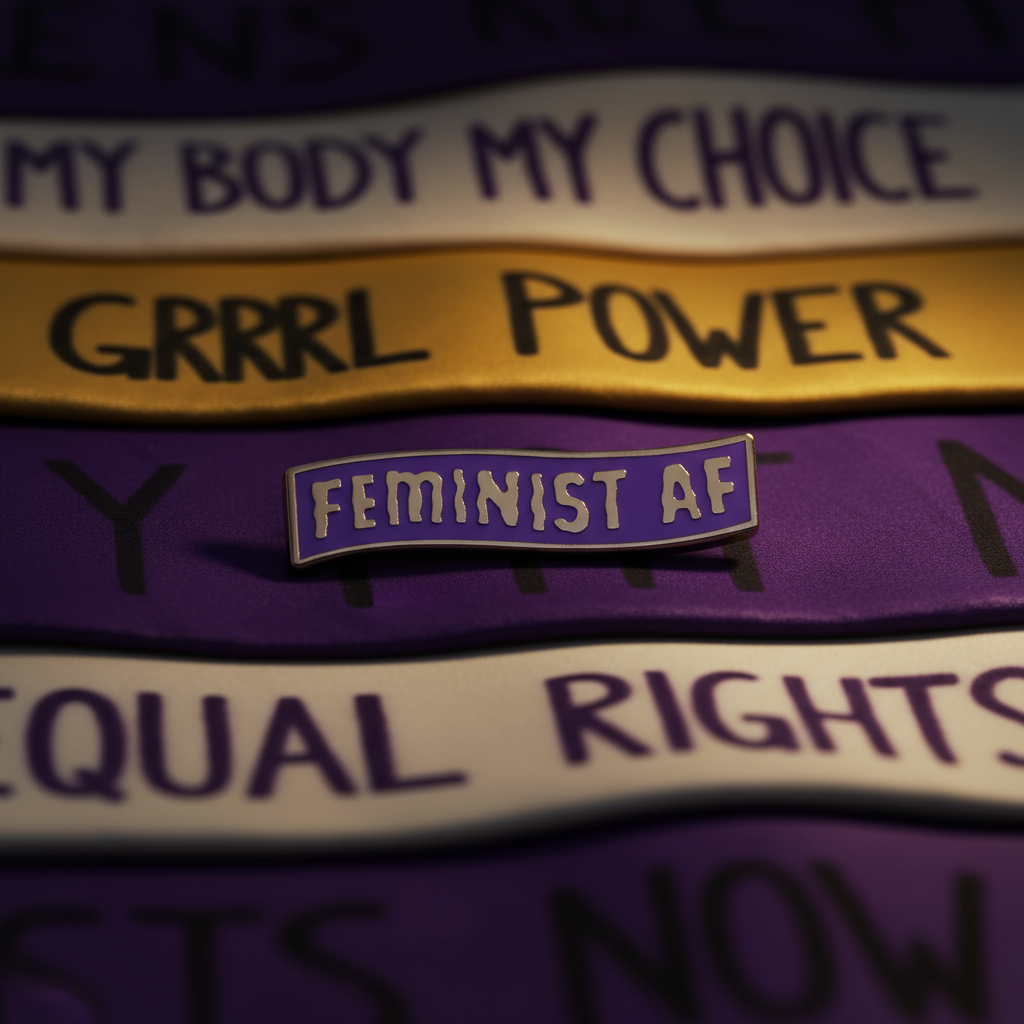 Purple and gold “FEMINIST AF” enamel pin on protest-message fabric