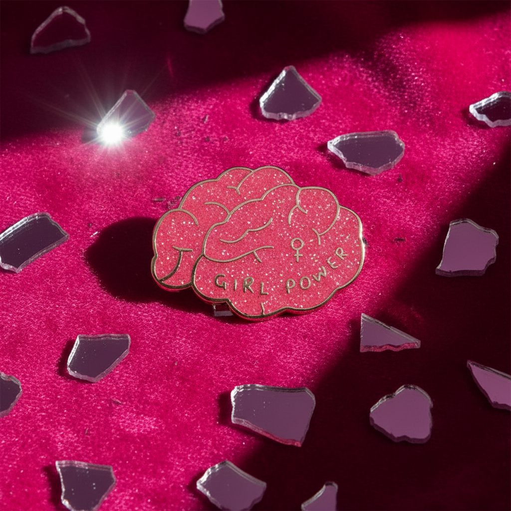 Girl Power Brain Enamel Pin: A hot-pink glittery enamel pin embossed with the Venus symbol and GIRL POWER, set on a pink velour background, surrounded by reflective mirror shards.