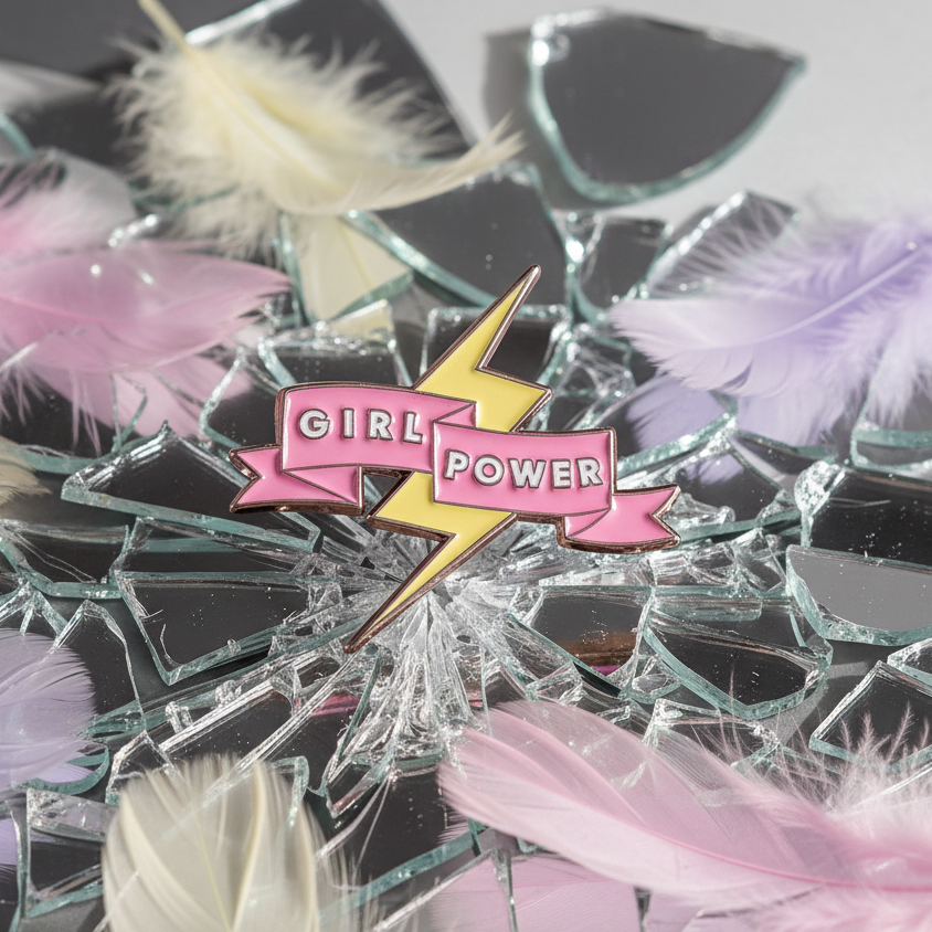 Close-up of a pink and yellow Girl Power lightning-bolt enamel pin on broken glass and feathers