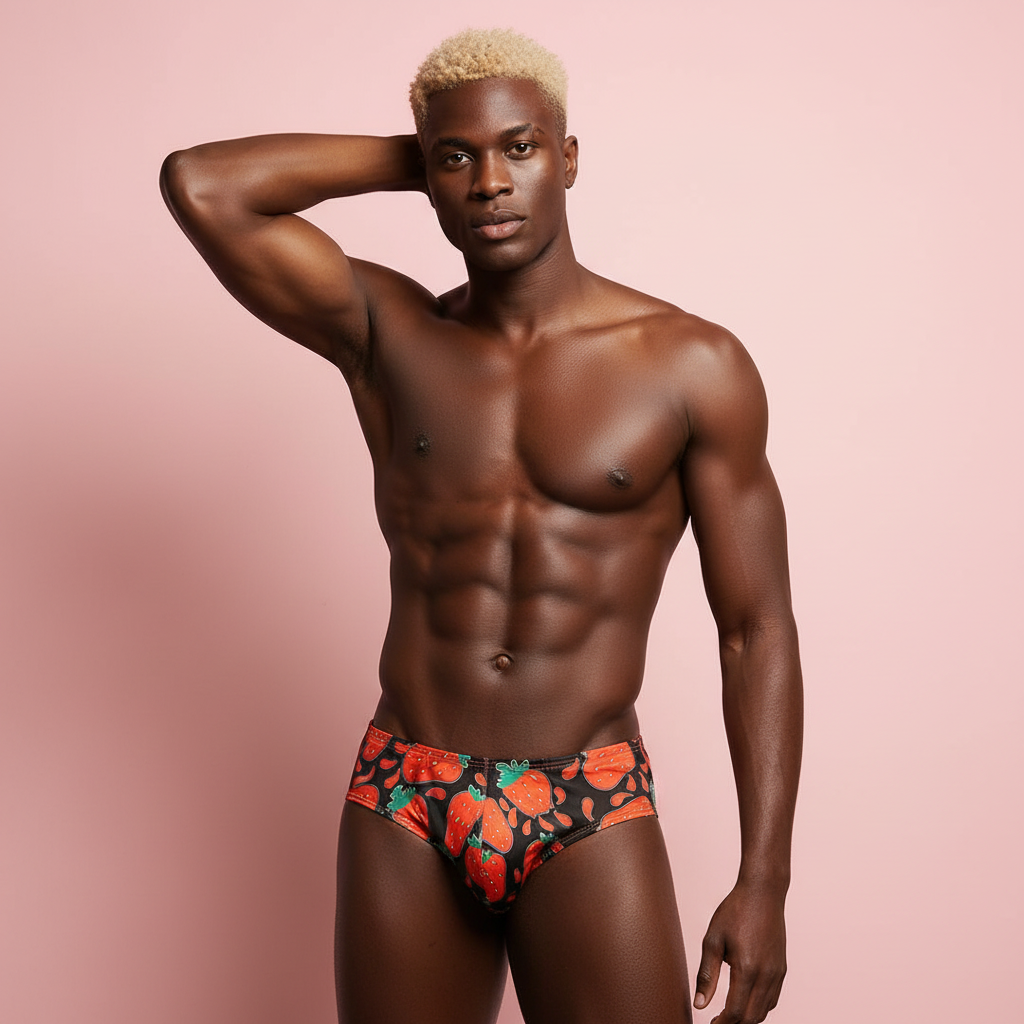 A platinum blond, muscular man stands confidently in red and orange floral Fruity Strawberry Briefs against a pink background.
