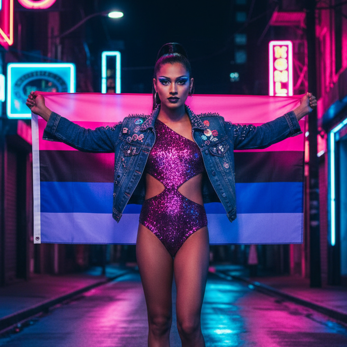 Model holding an omnisexual pride flag in a neon-lit street