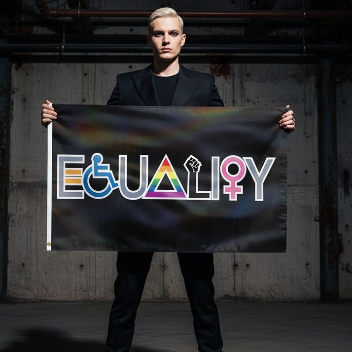 Person holds Equality For Everyone Pride Flag featuring symbols for disability, LGBTQ, civil rights, and feminism in industrial space. Flag made of SuperTex with brass grommets, symbolizing empowerment and inclusivity.