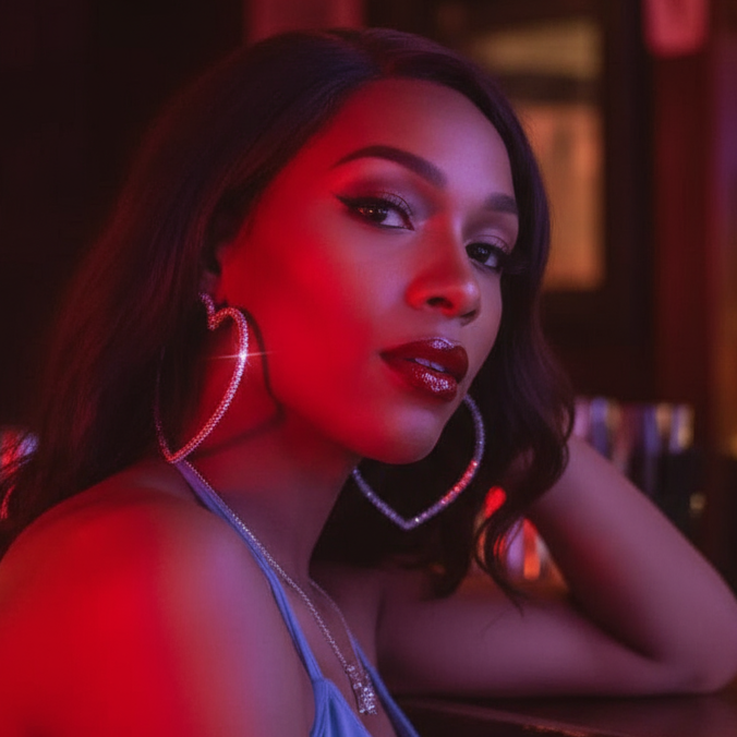 Model wearing rhinestone heart-shaped hoop earrings in red ambient light