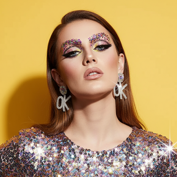 Model wearing large star-shaped OK rhinestone earrings with glitter eye makeup and silver sequin top