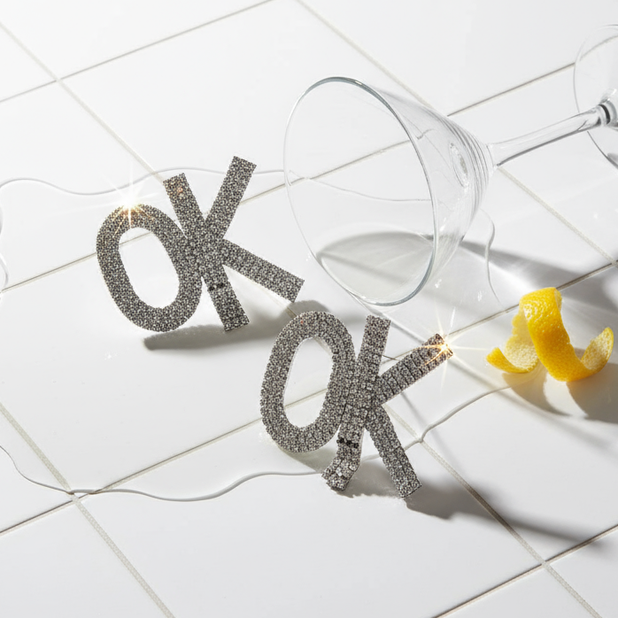 Silver rhinestone OK earrings displayed beside a tipped martini glass and lemon peel