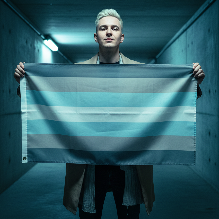 An androgynous person holds the Demiboy Pride Flag, featuring muted teal, pale blue, light gray, and off-white bands, in a dim passageway, embodying bold queer visibility and self-expression.