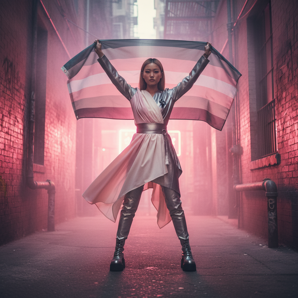 A lone figure stands in a foggy alley, holding the Demigirl Pride Flag, showcasing vibrant stripes of pink, blue, and white. They're wearing a futuristic outfit, exuding bold, queer empowerment.