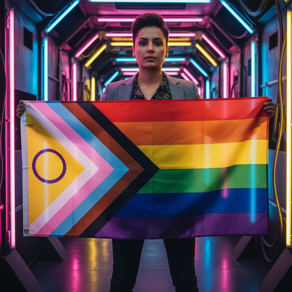 Person holding an intersex-inclusive Progress Pride flag in a neon-lit corridor