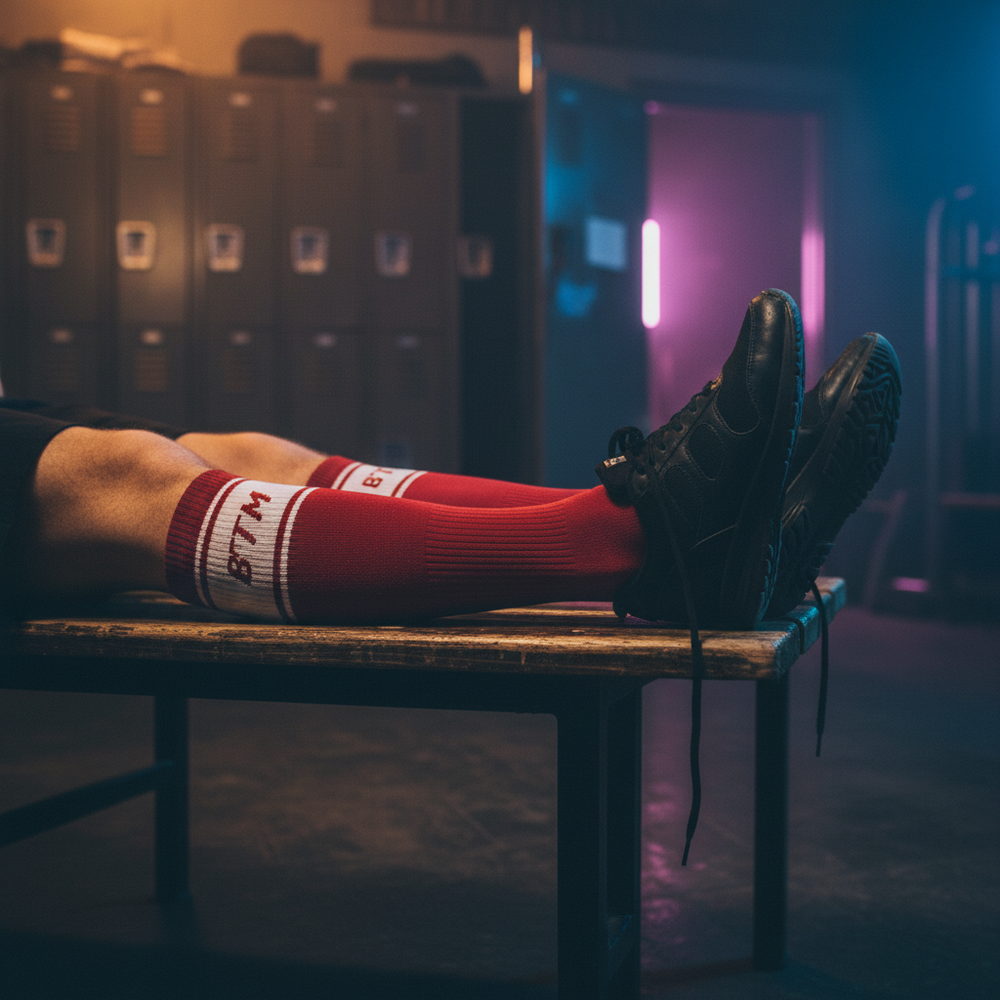 Red crew socks with white striped cuffs and dark lettering, worn with black sneakers on a bench