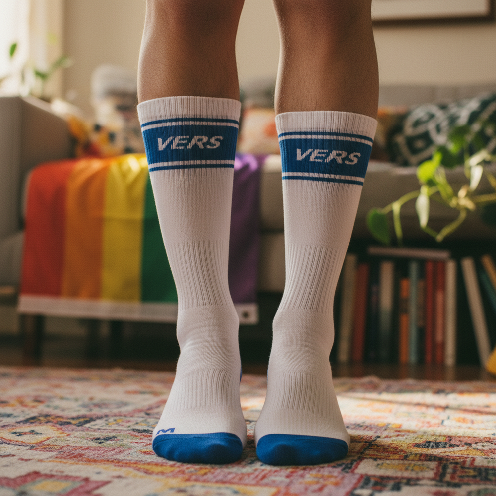 White crew socks with blue toes, stripes and “VERS” lettering, worn with a rainbow Pride flag backdrop