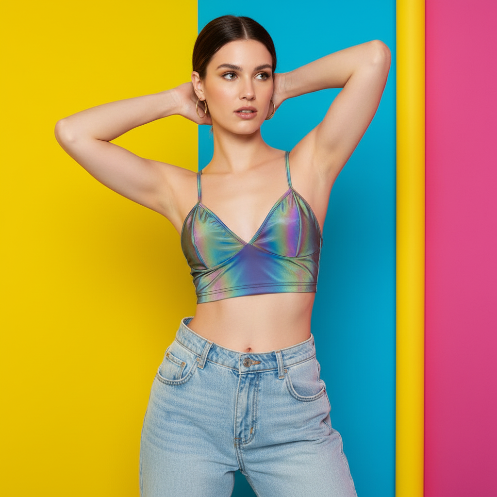 Model wearing an iridescent reflective rainbow crop top with thin straps and denim jeans
