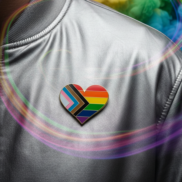 Progress Pride heart enamel pin on a gray shirt, with rainbow light trails