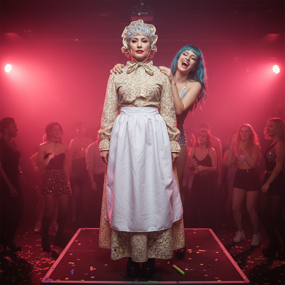 Grandma costume with floral dress, white apron, bonnet, and black boots on a club stage