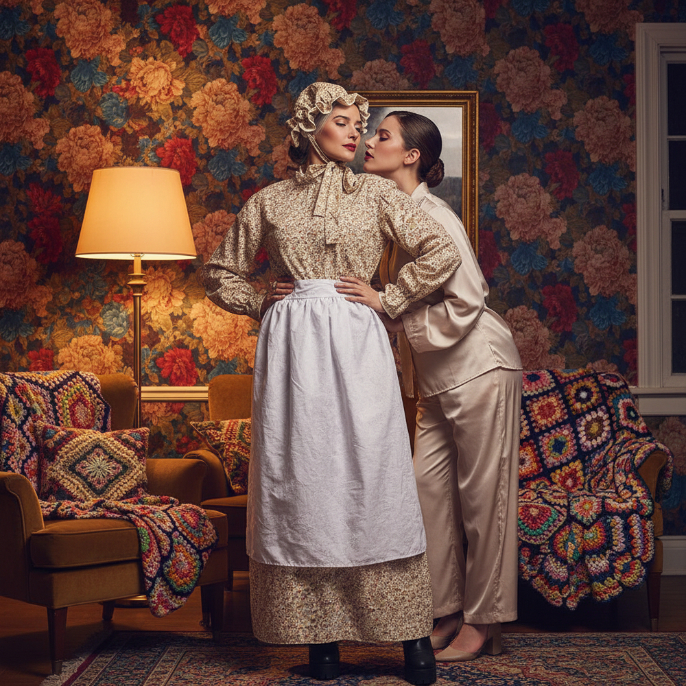Khaki grandma costume with floral blouse, white apron, bonnet, and long skirt in a vintage living room