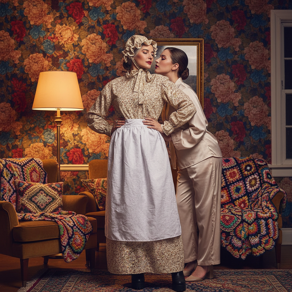 Khaki grandma costume with floral blouse, white apron, bonnet, and long skirt in a vintage living room