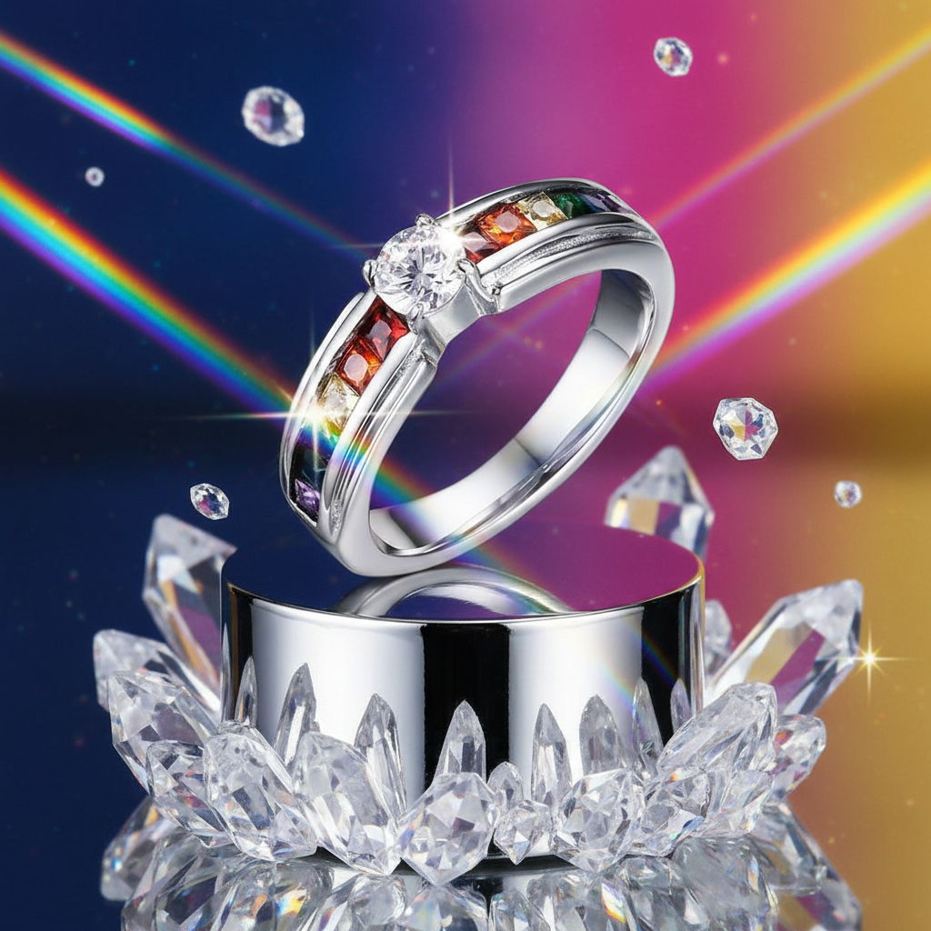 Cubic Zirconia Rainbow Ring on a mirrored pedestal, featuring a brilliant-cut stone and vibrant rainbow gemstones. This unisex, stainless steel band embodies pride and self-expression, celebrating love and LGBTQIA+ visibility.