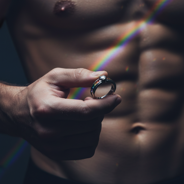 A shirtless man holds the Cubic Zirconia Rainbow Ring, a stainless steel band with rainbow cubic zirconia stones, casting vibrant prisms. This unisex ring celebrates pride and self-expression, embodying love and empowerment.