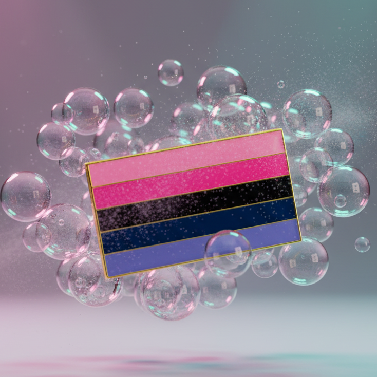 Omnisexual pride flag enamel pin floating before a cluster of iridescent bubbles