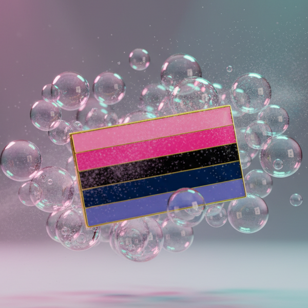 Omnisexual pride flag enamel pin floating before a cluster of iridescent bubbles