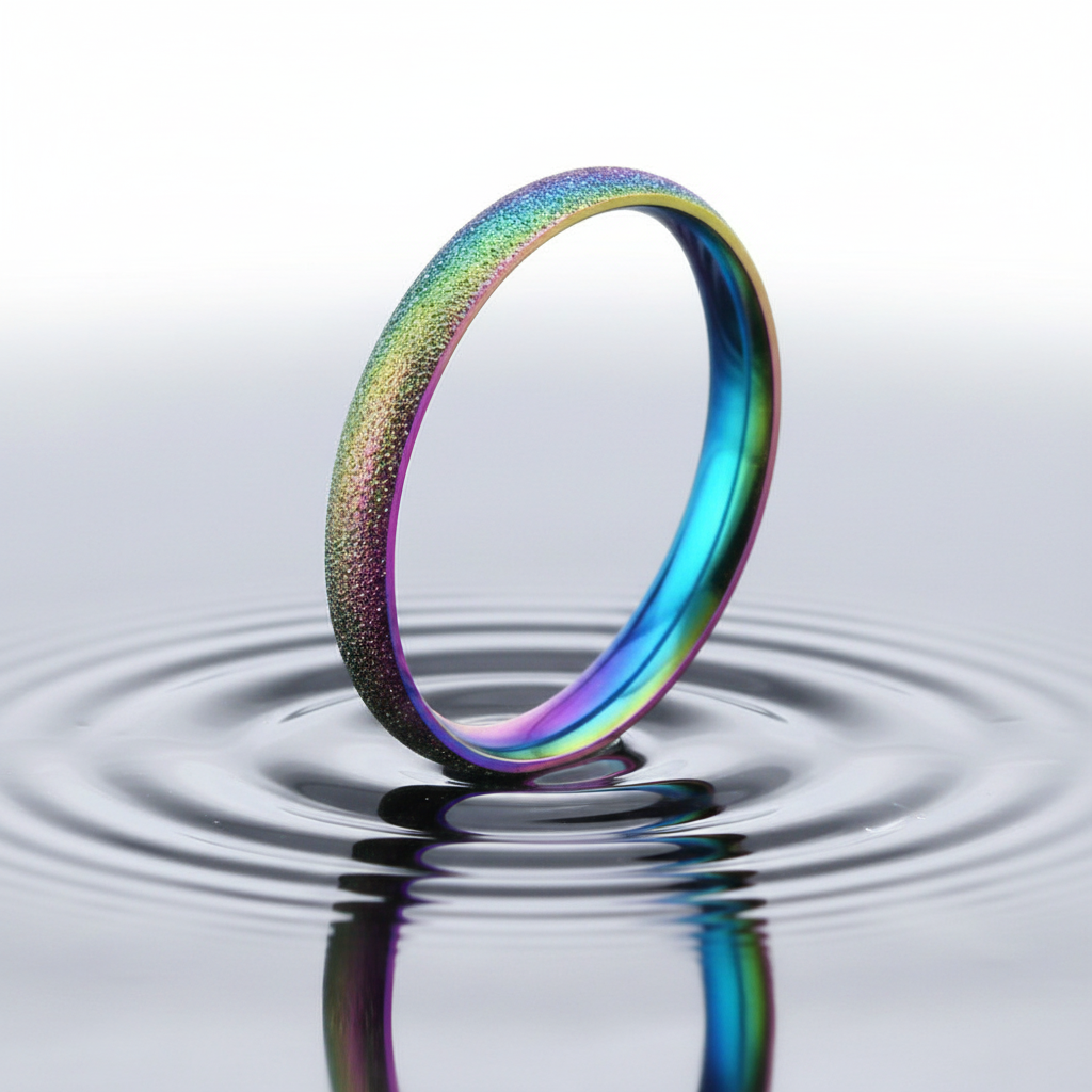 Sand Blast Finish Pride Ring stands on water, creating ripples. Its rainbow-anodized metal glimmers with greens, blues, and purples. Slim, textured, it embodies queer self-expression and empowerment.