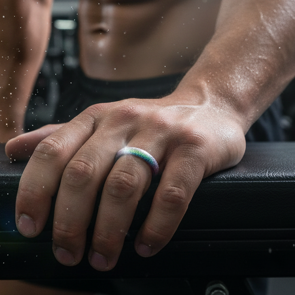 A muscular hand adorned with the Sand Blast Finish Pride Ring, a sleek, narrow, multicolored band that sparkles, symbolizing fierce LGBTQIA+ pride, set against a gym backdrop.