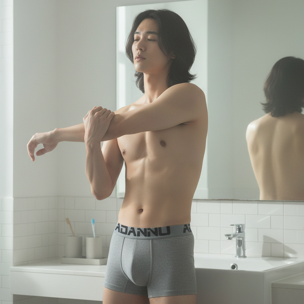 Shirtless model stretching in gray ADANNU Classic Boxers with black logo waistband, bathroom mirror view