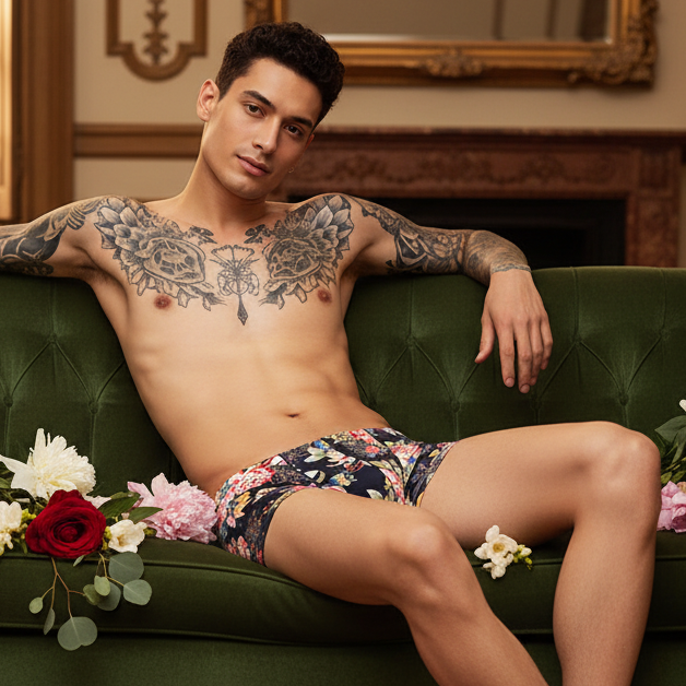 Dark floral-print boxer briefs worn by a tattooed model reclining on a green velvet sofa
