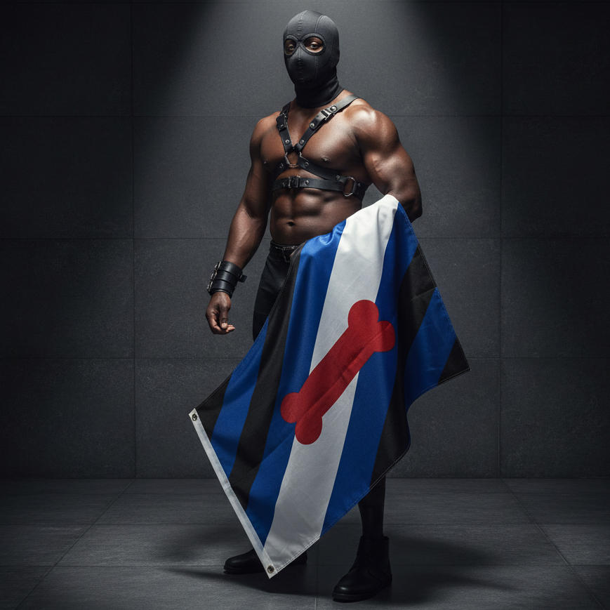 Masked model in a leather harness holding a blue, white, black and red puppy pride flag