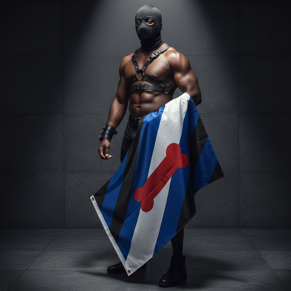 Masked model in a leather harness holding a blue, white, black and red puppy pride flag