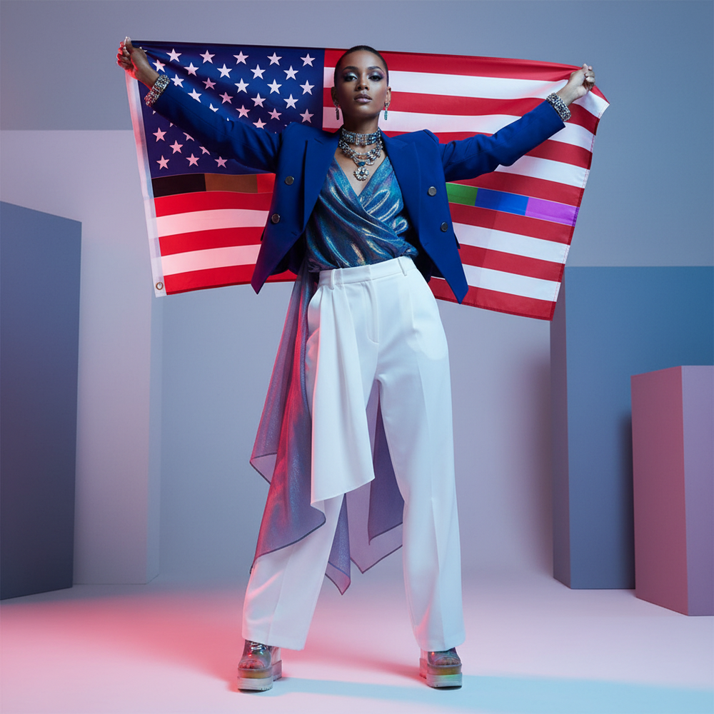 Model holding an American flag redesigned with a rainbow LGBT Pride stripe