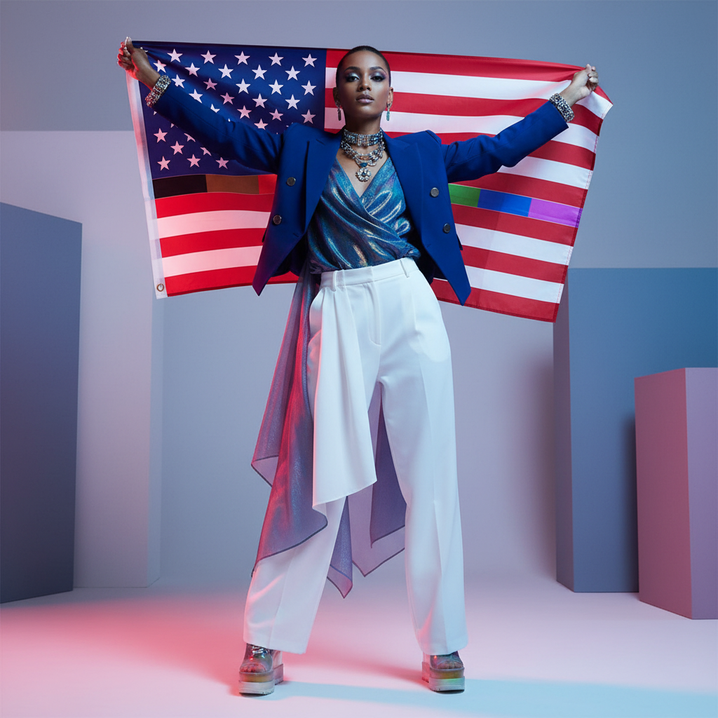 Model wearing the LGBT America Pride Flag as a cape, showcasing empowerment and visibility. The flag, made from durable SuperTex, features calibration-style bars, celebrating diverse, unapologetic queer pride.