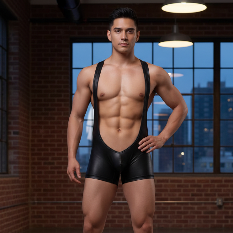 PU leather bodysuit with deep-cut sides on a muscular man, flaunting chest and abs by big windows, brick walls, city views.