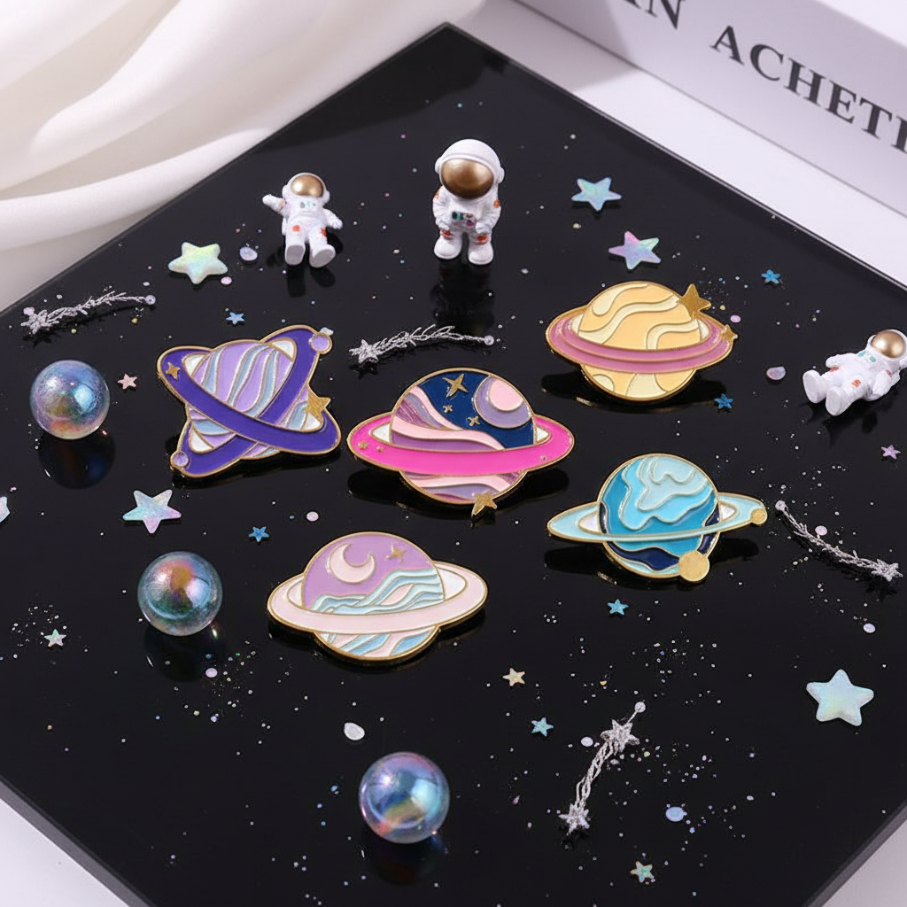 Five colorful ringed-planet enamel pins arranged on a starry black display board