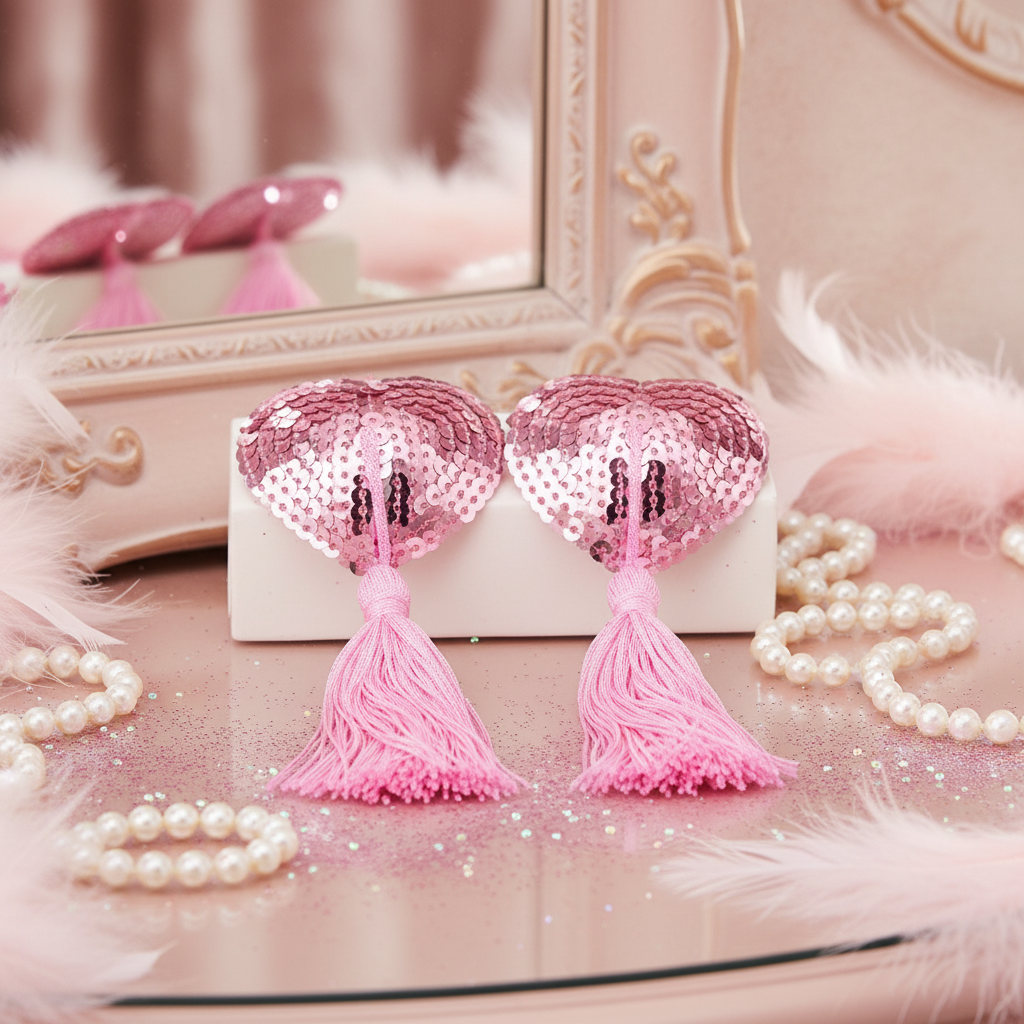 Pink sequin heart pasties with long tassels displayed on a vanity