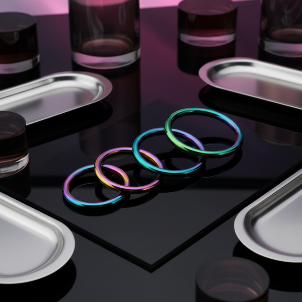 Iridescent metal cock rings arranged on a reflective black surface