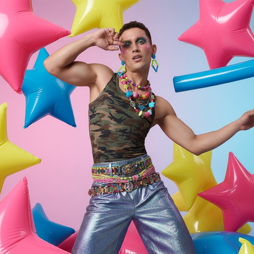 Model wearing a green camouflage tank top with colorful jewelry among inflatable stars
