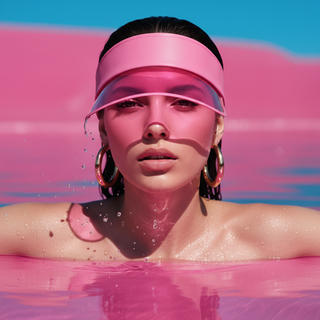 Close-up of a model wearing a pink transparent sun visor while standing in pink water