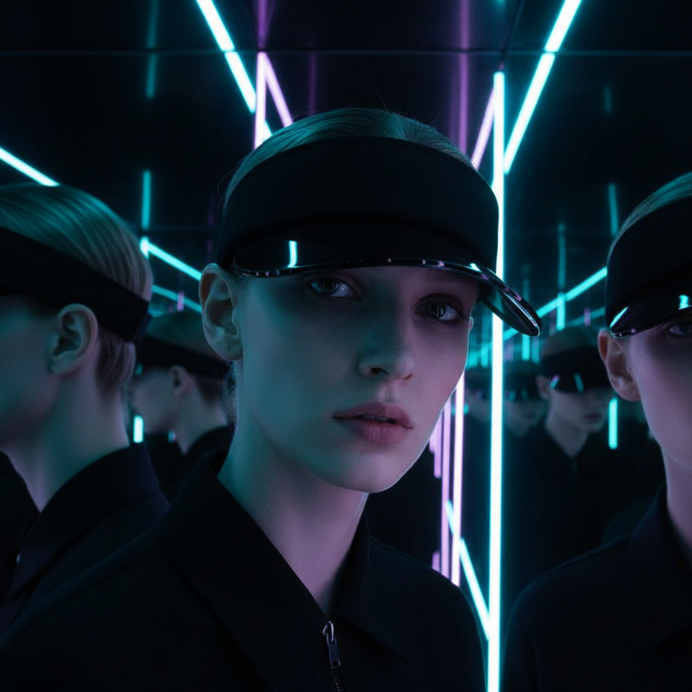 Black transparent sun visor worn by a model in a neon-lit mirrored setting
