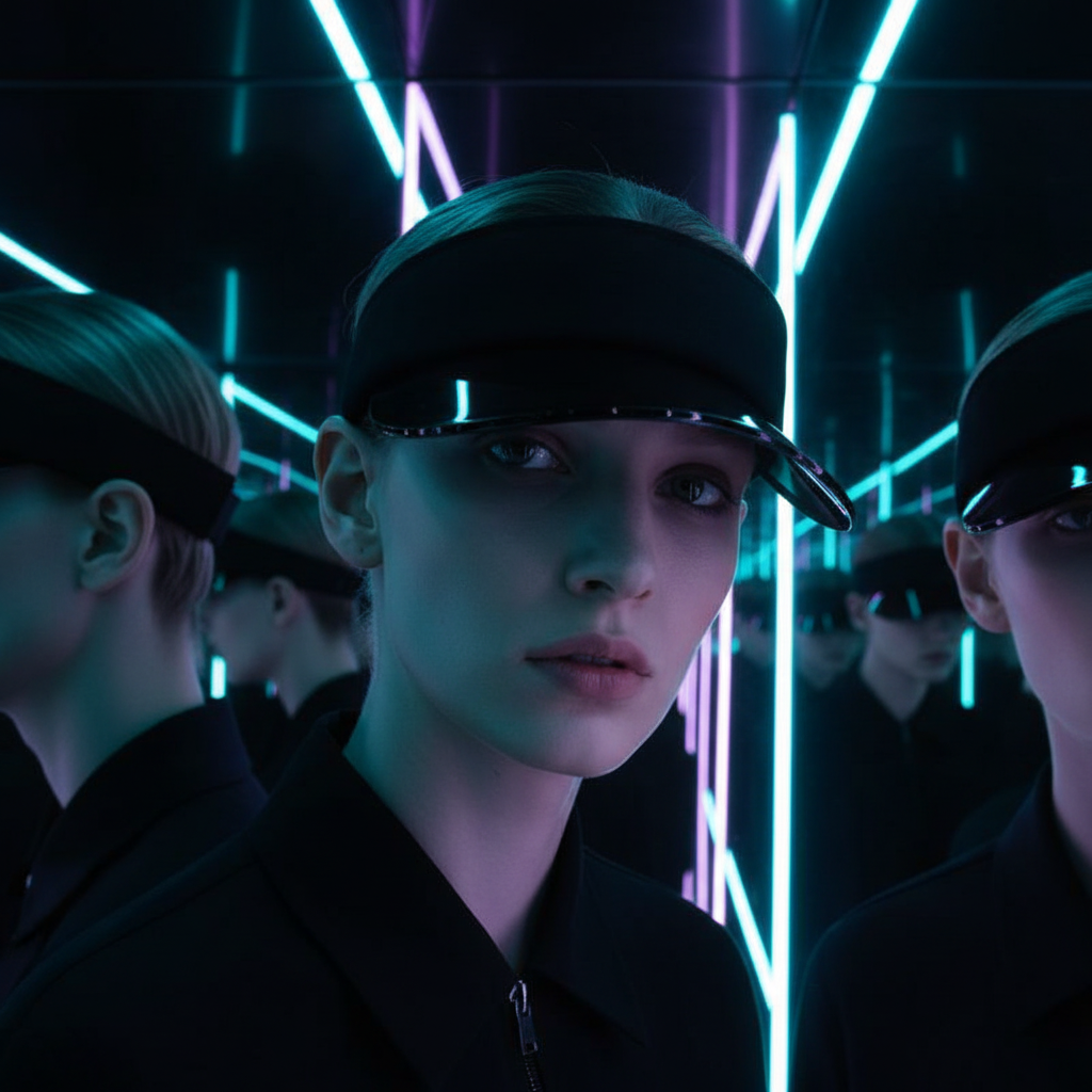 Black transparent sun visor worn by a model in a neon-lit mirrored setting