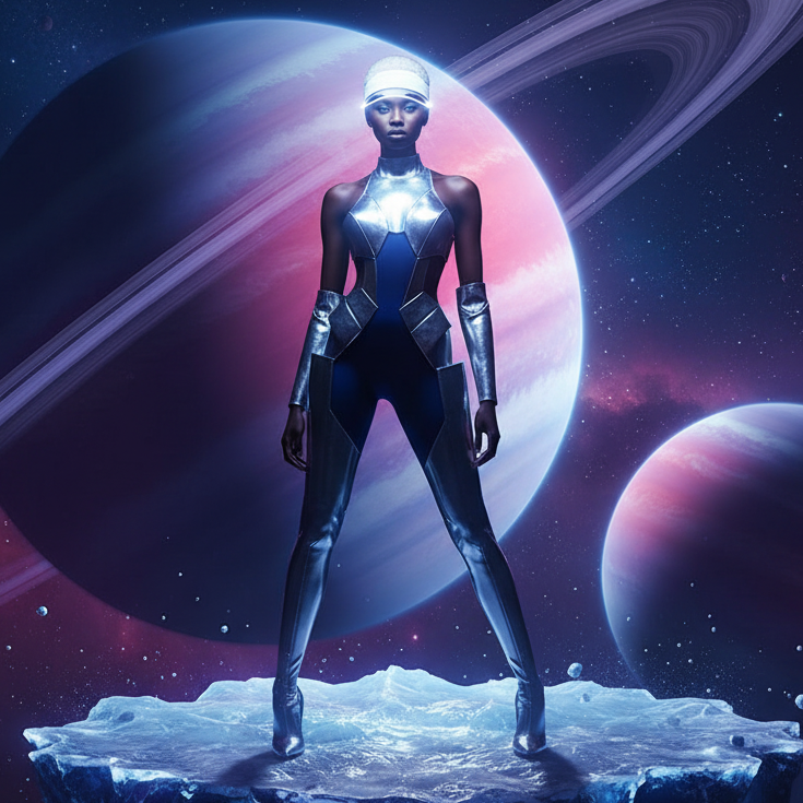 Full-body model in a metallic bodysuit wearing a translucent white visor on an icy alien landscape