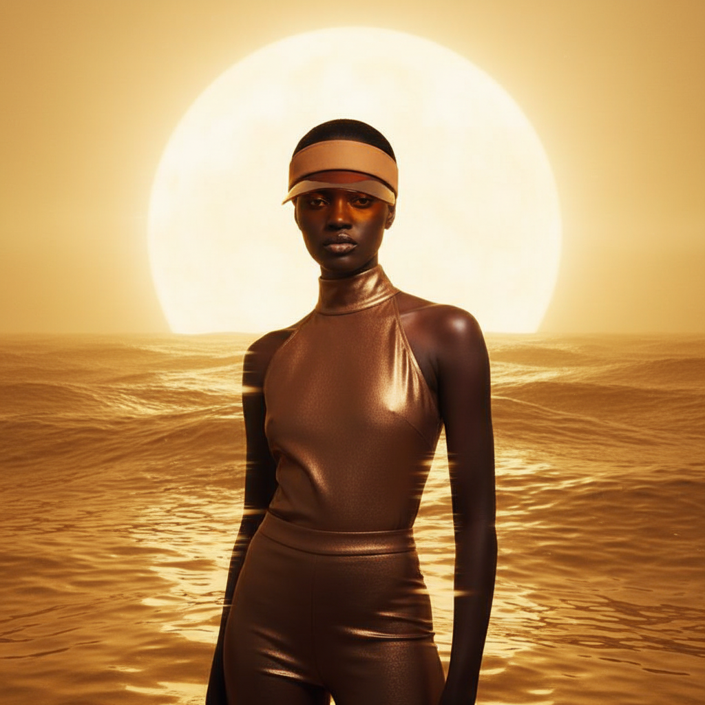 Front-facing model wearing a brown visor by glowing golden water