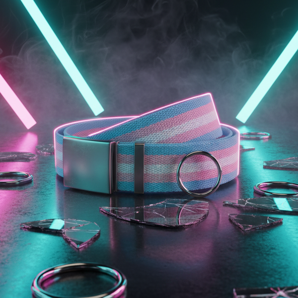 Coiled pastel blue, pink, and white striped canvas belt with metal buckle and O-ring