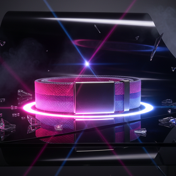 Bisexual pride flag canvas belt with square metal buckle on a neon-lit reflective surface