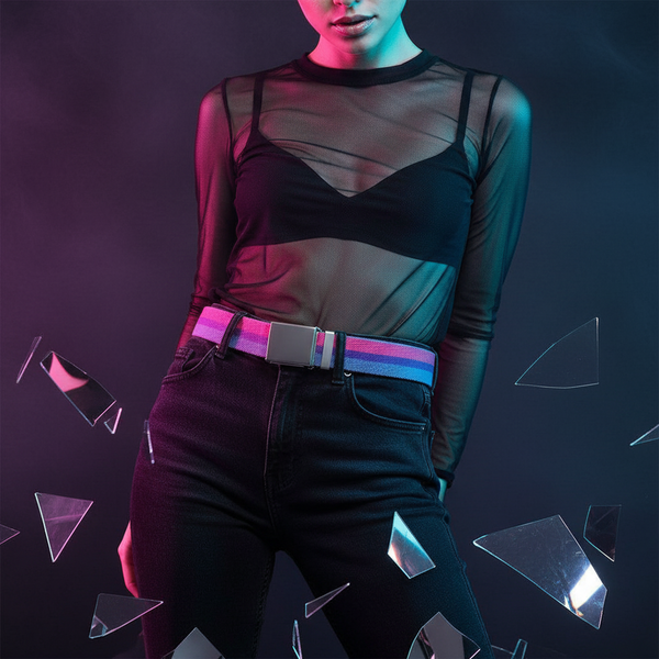 Model wearing a bisexual pride flag canvas belt over black jeans