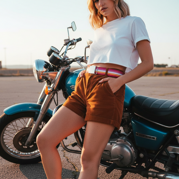 Model wearing a striped lesbian Pride canvas belt with brown shorts beside a motorcycle