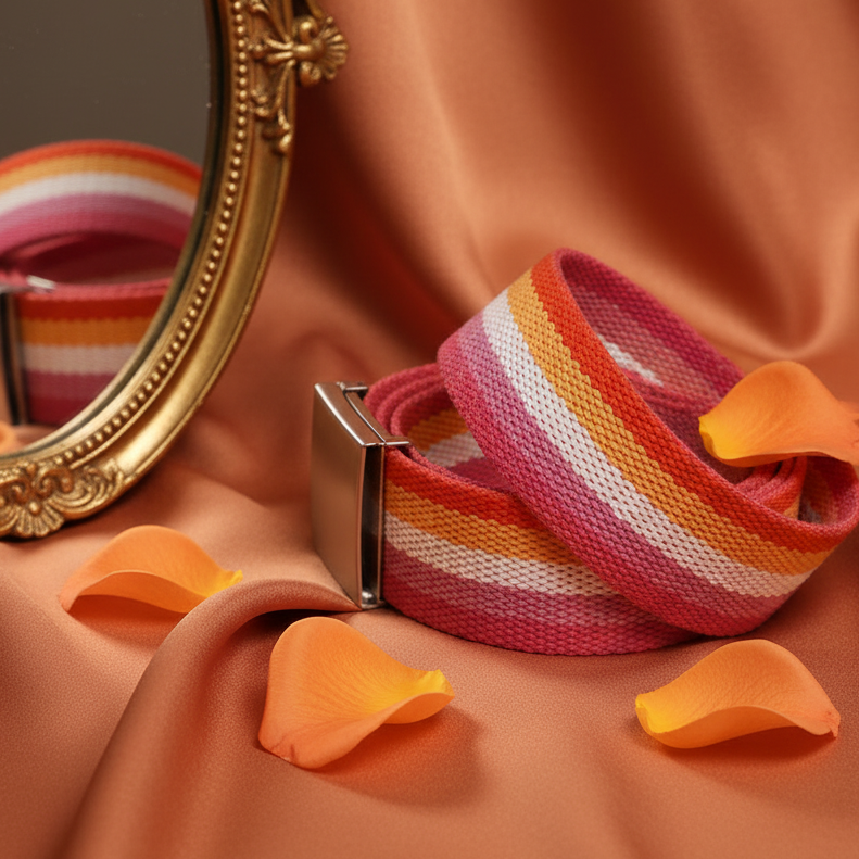 Rolled pink, orange, yellow, and white striped canvas belt with a metal slide buckle