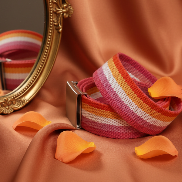 Rolled pink, orange, yellow, and white striped canvas belt with a metal slide buckle