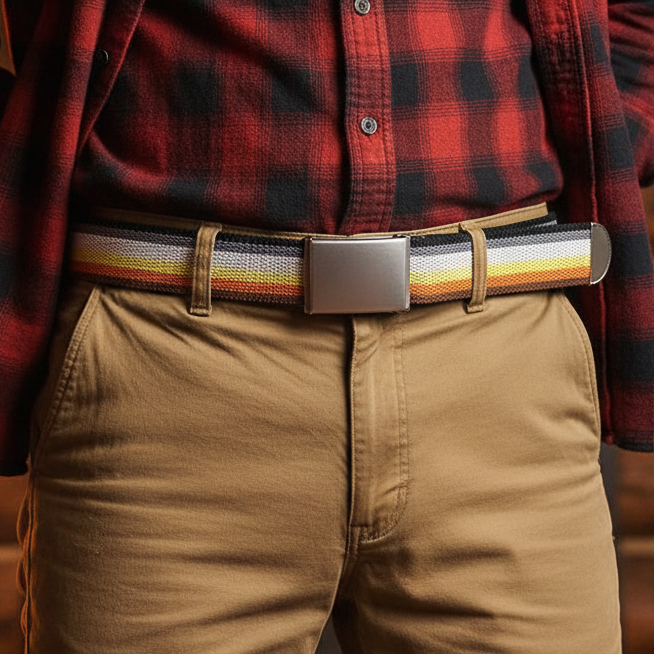 Close-up of a rainbow-striped canvas belt with a rectangular metal buckle on khaki pants