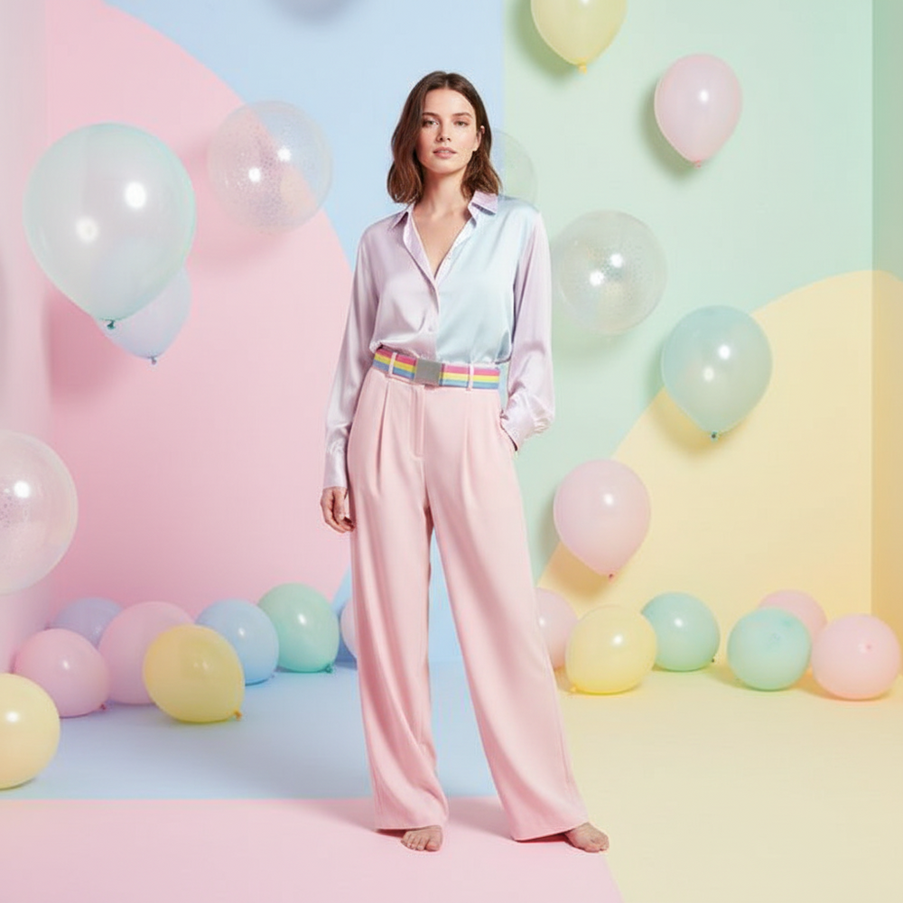 Pansexual pride canvas belt with pink, yellow, and blue stripes worn over pastel trousers